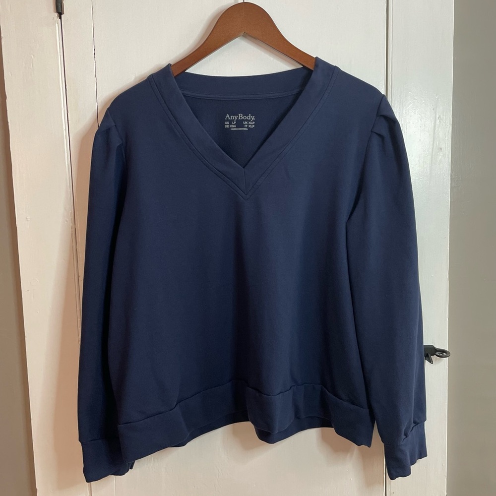 ANYBODY French Terry Navy V-Neck Pullover Sweatshirt Cotton Modal Blend LP